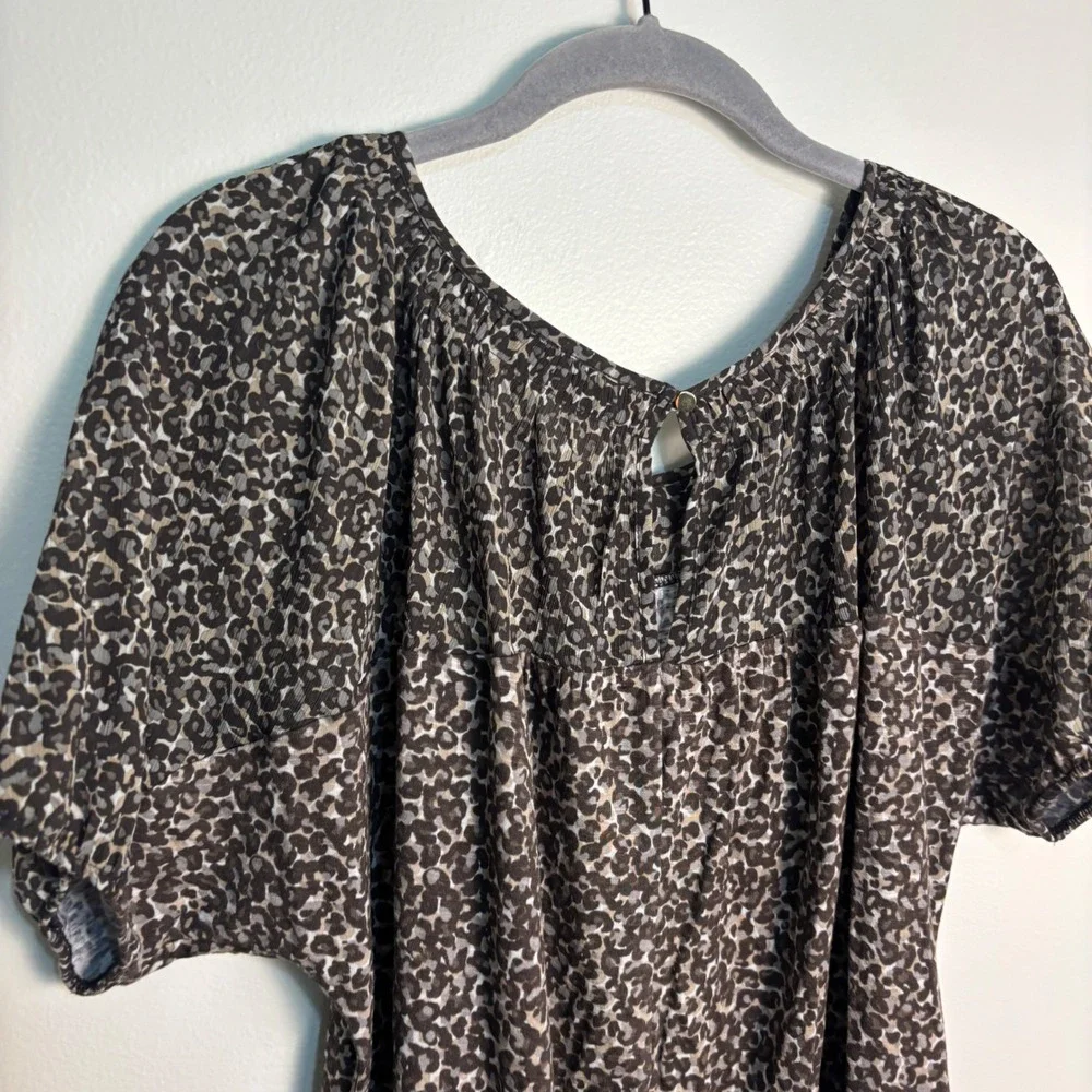 LOFT Leopard Print Blouse Small Puff Sleeve Rayon Blend Animal Print Peasant Top